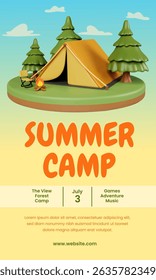 A vibrant Vector illustration capturing summer camp excitement with tents, campfire, and forest scenery, perfect for promotional use.