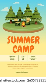 A vibrant Vector illustration capturing summer camp excitement with tents, campfire, and forest scenery, perfect for promotional use.