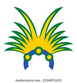 A vibrant vector illustration of a carnival headdress in colors of Brazilian flag in a flat cartoon style. Tourism campaign