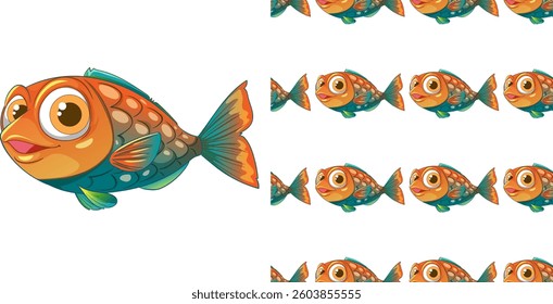 Vibrant vector illustration of a cartoon fish with large eyes, featuring a seamless pattern design. Ideal for playful projects