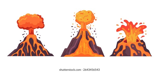 Vibrant vector illustration of cartoon volcanoes erupting with lava and ash, showcasing dynamic and colorful explosions.