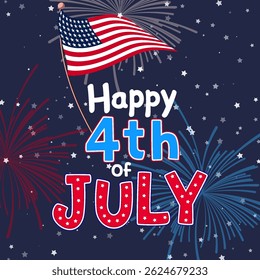 Vibrant vector illustration celebrating the 4th of July with fireworks, flag, and festive text