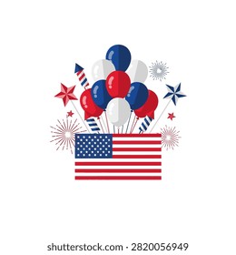 A vibrant vector illustration celebrating American Independence Day, featuring the USA flag, a bunch of red, white, and blue balloons, festive fireworks rockets, and decorative stars against a clean white background.