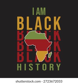 Vibrante Ilustración vectorial que celebra la historia negra con el continente africano y texto audaz sobre fondo negro, perfecto para eventos culturales y materiales educativos.