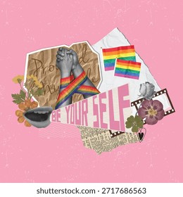 Una vibrante Ilustración vectorial que celebra la diversidad y la autoaceptación a través de coloridos símbolos de orgullo y mensajes sentidos.