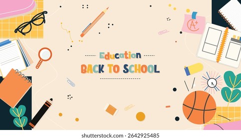 A vibrant vector illustration celebrating the education theme of back to school, featuring playful stationery and educational items.