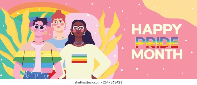 Uma vibrante ilustração vetorial celebrando o Mês do Orgulho com indivíduos diversos mostrando amor, unidade e alegria.