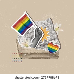 Uma vibrante ilustração Vetor celebrando o orgulho com elementos simbólicos como bandeiras, corações e flores, incorporando unidade e aceitação.