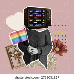 A vibrant vector illustration celebrating Pride, featuring a retro TV, rainbow flag, and floral elements symbolizing love and unity.