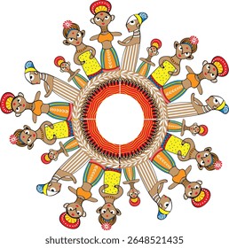 A vibrant vector illustration celebrating the spirit of Bengali New Year (Pohela Boishakh), featuring traditional clay dolls (māṭir putul), festive colors, and folk motifs. Perfect for cultural poster