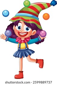 Vibrant vector illustration of a cheerful clown juggling colorful balls, featuring bright colors and playful composition