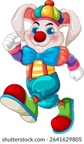 Vibrant vector illustration of a cheerful clown rabbit with colorful attire, showcasing playful and whimsical design elements