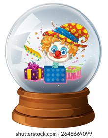 Vibrant vector illustration of a cheerful clown inside a snow globe with colorful gifts and confetti