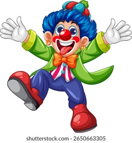 Vibrant vector illustration of a cheerful clown with blue hair, bright outfit, and exaggerated features. Dynamic pose and playful colors