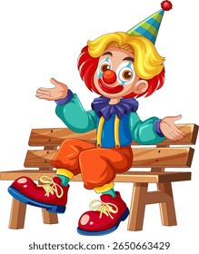 Vibrant vector illustration of a cheerful clown with bright colors and playful expression, sitting on a wooden bench