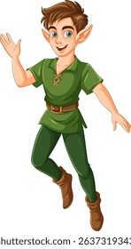A vibrant vector illustration of a cheerful elf in green clothing, featuring detailed character design and bright colors