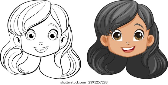 A vibrant vector illustration of a cheerful girl with a smiling head and a doodle outline for coloring pages