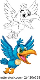 Vibrant vector illustration of a cheerful hornbill in dynamic pose. Features bold colors and detailed linework