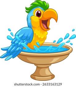 Vibrant vector illustration of a cheerful parrot splashing in a birdbath. Bright colors and playful composition enhance the lively scene