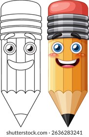 A vibrant vector illustration of a cheerful pencil character with expressive eyes and a friendly smile, showcasing color and outline versions