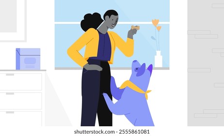 A vibrant vector illustration of a cheerful woman training her dog with a treat in a cozy kitchen. The playful dog is wearing a bandana, and the background features minimalistic decor.