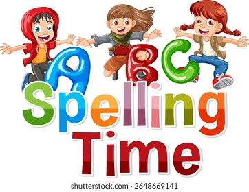 Vibrant vector illustration of children and colorful letters. Playful style with bright colors, ideal for educational materials