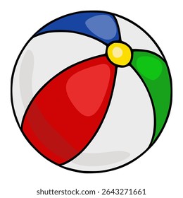 A vibrant vector illustration of a classic beach ball with red, green, blue, and yellow segments, featuring a bold black outline and subtle shading for a playful, summery feel.