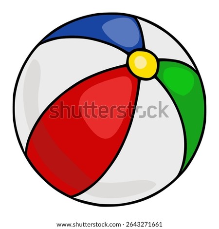 A vibrant vector illustration of a classic beach ball with red, green, blue, and yellow segments, featuring a bold black outline and subtle shading for a playful, summery feel.