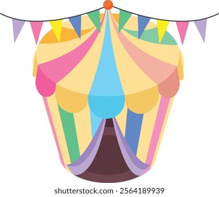 Vibrant vector illustration of a classic circus tent with colorful stripes and flags. Perfect for event posters, party invitations, and children's designs.