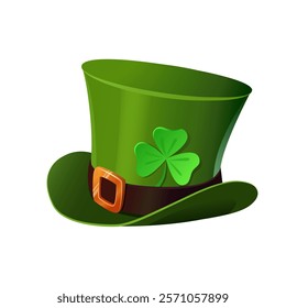 A vibrant vector illustration of a classic green leprechaun hat, perfect for St. Patrick's Day celebrations. The hat features a shiny golden buckle on a brown belt. Adorning the side of the hat is a