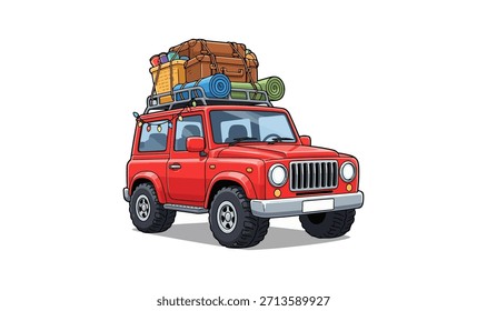 A vibrant vector illustration of a classic red off-road SUV heavily loaded with brown leather suitcases, rolled-up sleeping bags, and other travel gear strapped to its roof rack, ready for a long jour