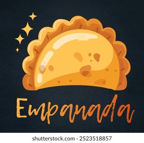 Ilustração vetorial vibrante de closeup de uma empanada argentina, amada pastelaria cheia de delícias saborosas ou doces. Crosta castanho-dourada com pregas delicadas, convidando a dar uma mordida. Farinha gordurosa