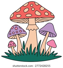 A vibrant vector illustration of a cluster of various mushrooms growing in green grass, including a large red toadstool and several smaller purple and pink ones.