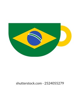 A vibrant vector illustration of a coffee cup in colors of Brazilian flag in a flat cartoon style. Tourism campaigns, design brochures, flyers, or packaging