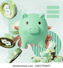 A vibrant vector illustration in collage style featuring a cheerful piggy bank surrounded by coins, symbolizing savings and financial planning, perfect for finance-related projects.