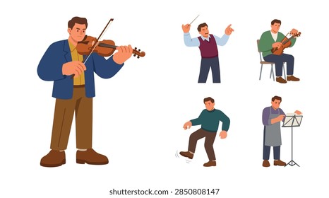 A vibrant vector illustration collection featuring five musicians engaged in orchestral activities. The scene includes a violinist, a conductor directing with expressive gestures, a cellist, and a mus