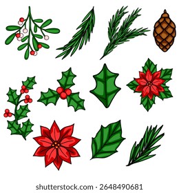 A vibrant vector illustration of a collection of hand-drawn Christmas botanical elements, including holly, mistletoe, poinsettia, pine branches, and a pine cone, perfect for festive designs.