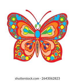Vibrant vector illustration of a colorful butterfly adorned with intricate patterns and another butterfly perched delicately, bursting with lively colors