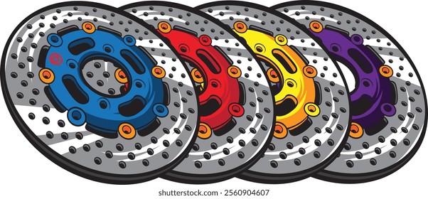 Vibrant vector illustration of colorful motorcycle brake discs, showcasing dynamic design for automotive enthusiasts and mechanical design projects