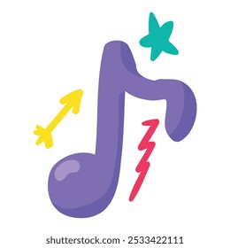 Eine lebendige Vektorgrafik mit farbenfrohen Notenzeichen im fröhlichen Cartoon-Stil. Ein lebhaftes Musikfestival oder eine Feier mit fröhlicher Atmosphäre. Musik Café oder Club Dekoration