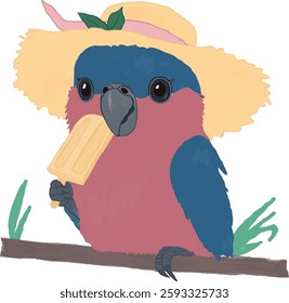 Vibrant vector illustration of a colorful parrot perched on a tropical branch. Exotic bird with bright feathers, perfect for summer, wildlife, and nature-themed designs. Isolated on a white background