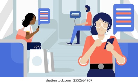 A vibrant vector illustration of commuters using smartphones and laptops on public transport, surrounded by message bubbles. Perfect for technology, communication, and modern lifestyle themes.