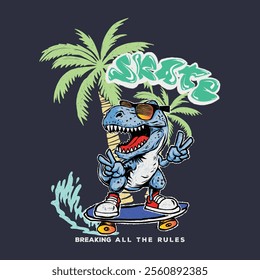 
Vibrant vector illustration of a cool skateboarding T-Rex wearing sunglasses, set against tropical palm trees with graffiti-style "Skate" text. Perfect for t-shirts, posters, and urban designs.