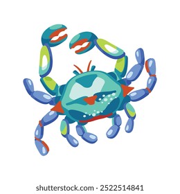 Vibrant vector illustration of a crab with blue, green, and orange tones on a white background in flat design.