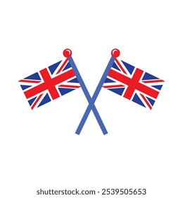 A vibrant vector illustration of crossed holiday flags in a cartoon style. The United Kingdom clip art element. English language, the UK culture, history, events, and celebrations. Promotion of