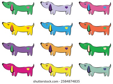 A vibrant vector illustration of Dachshund dogs in line art and pop art style. Bright, playful colors. Perfect for modern designs, prints, stickers, branding, children designs, and pet-themed projects