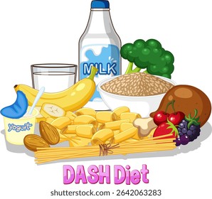 Vibrant vector illustration of DASH diet foods, including fruits, vegetables, grains, and dairy. Bright colors and clean composition