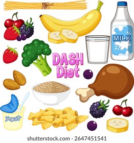 Ilustração vetorial vibrante de alimentos dietéticos DASH com frutas, verduras, grãos e laticínios. Cores brilhantes e composição clara