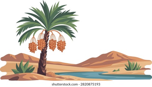 A vibrant vector illustration of a date palm tree laden with ripe fruit, situated in a peaceful desert oasis with rolling sand dunes and a small stream.