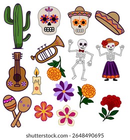 Vibrant Vector Illustration of Day of the Dead Festive Elements: Skulls, Skeletons, Musical Instruments, and Flowers